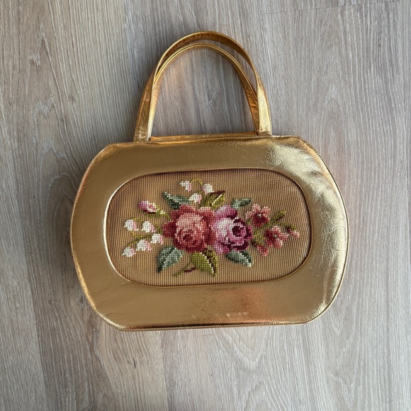 Pert Bag of California Handbags - Vintage Pert Bag Gold Floral Needlepoint